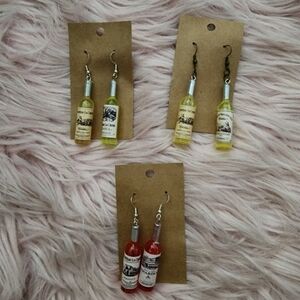 3 pairs of Handmade pink & yellow wine bottle plastic drop earrings